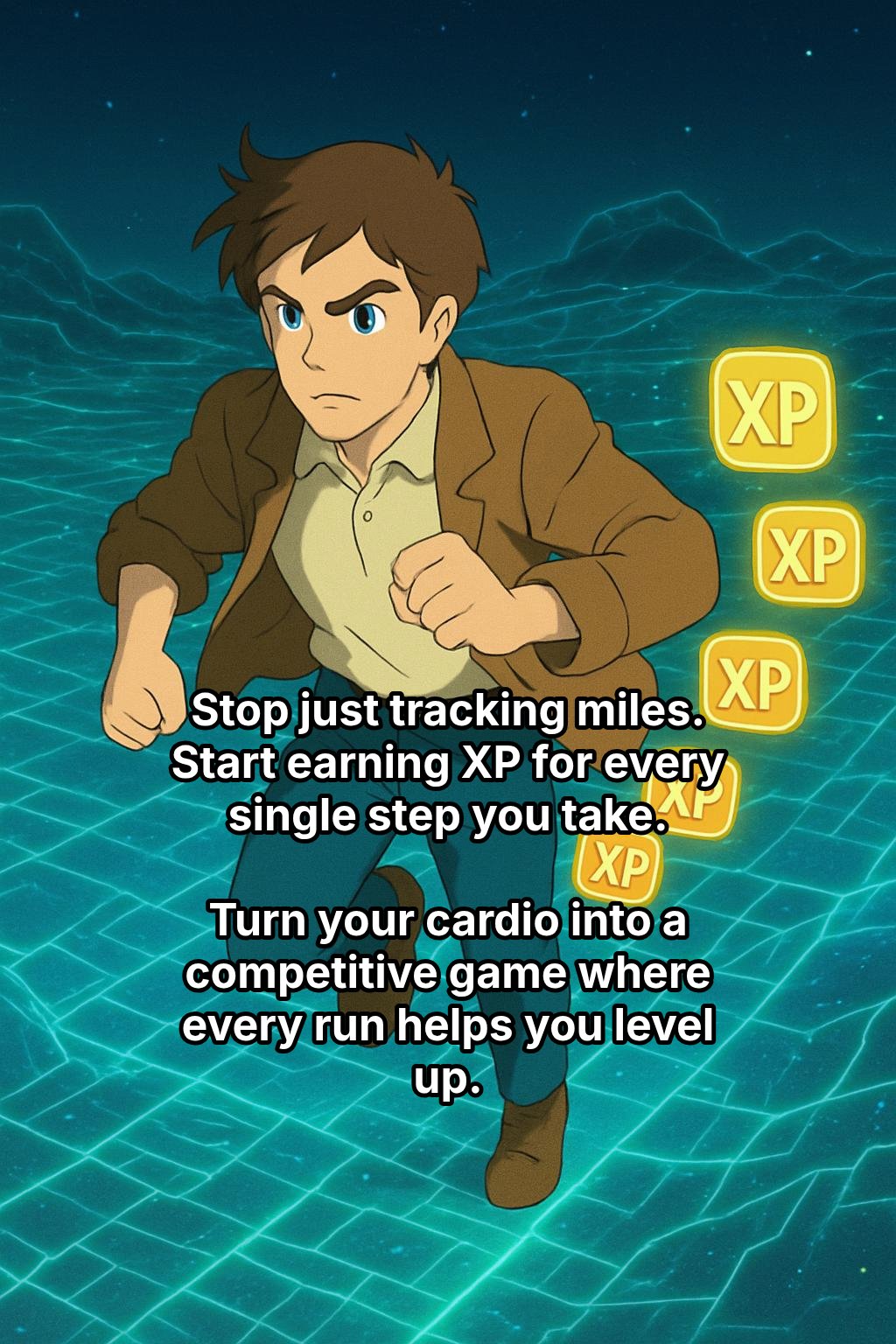 A white man with brown hair and blue eyes and a determined expression, running through a glowing, digital landscape as XP icons trail behind him.