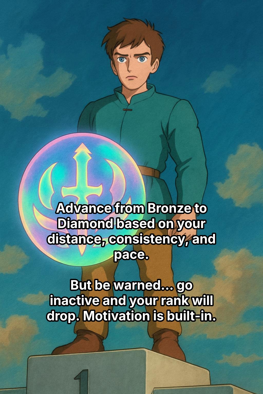 A white man with brown hair and blue eyes and a determined expression, standing on a digital podium with a large, glowing iridescent emblem hovering in front of him.