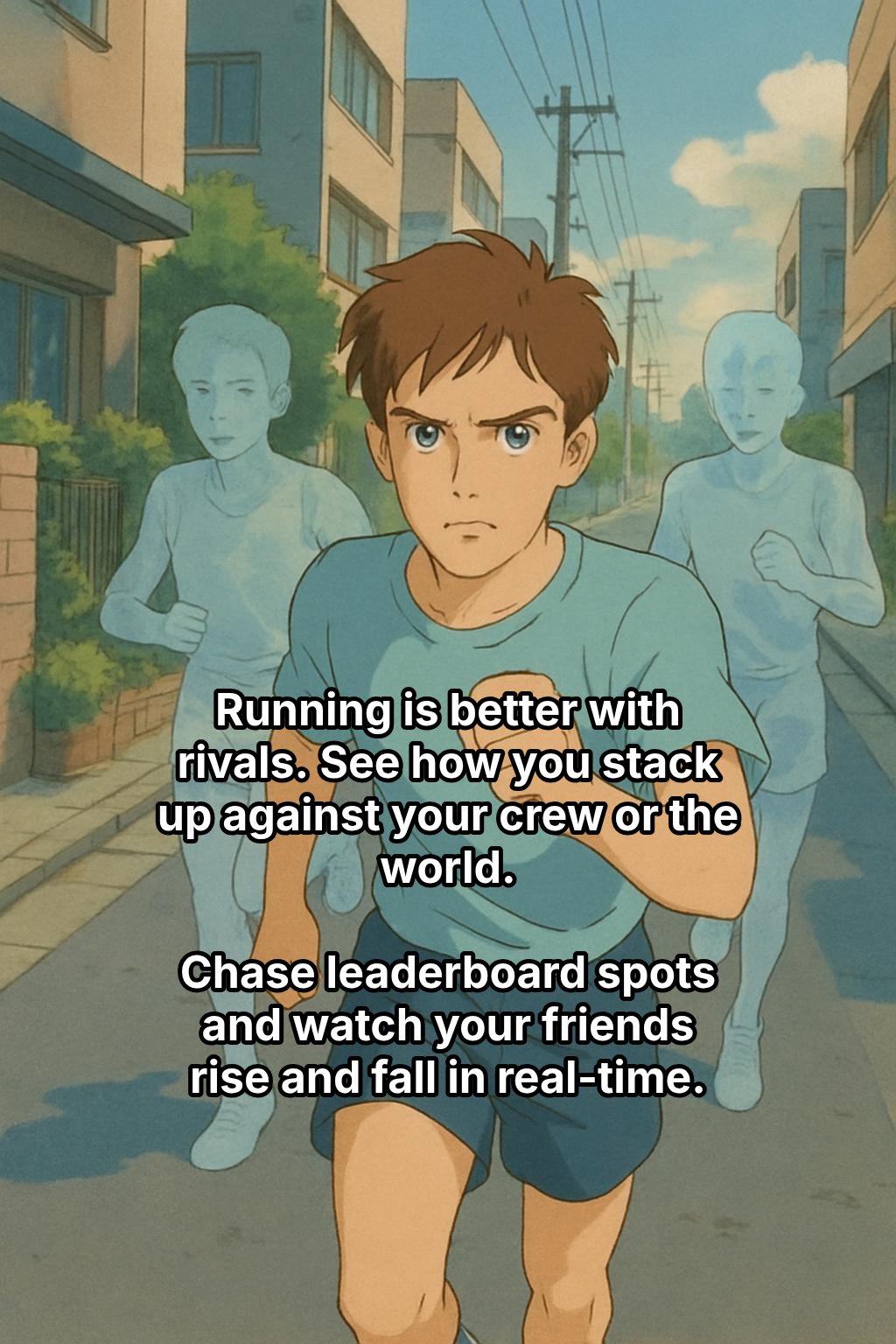A white man with brown hair and blue eyes and a determined expression, running on an urban street alongside two translucent, ghost-like figures of other runners.